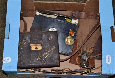 Lot 370 - Sam Brown leather belt, Masonic apron, two WWI medals, brown leather handkerchief case, leather...