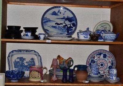 Lot 372 - Sunderland lustre mug, quantity of blue and white items, cockerel tea pot and decorative items...