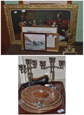 Lot 375 - Three copper roundels, brass fire front, pair of chrome candlesticks, lady's shoe and five pictures