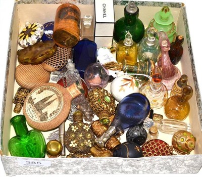 Lot 385 - Assorted miniature coloured glass, pottery, metal mounted and other scent bottles,...