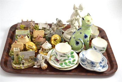 Lot 387 - Tray of decorative ceramics including a small Galle type cat, pair of Royal Worcester Blindearl...