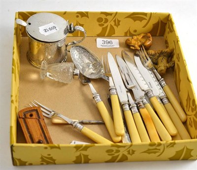 Lot 396 - Silver drum mustard, assorted cutlery, etc