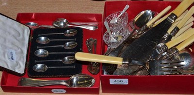 Lot 436 - Cased silver teaspoons, three silver spoons, loose teaspoons, plated flatware, fish eaters, etc