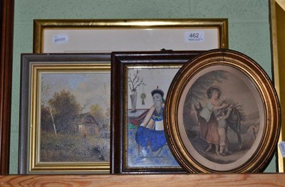 Lot 462 - Elliott? oil on board river landscape, a watercolour cattle grazing, a framed oval print and a...