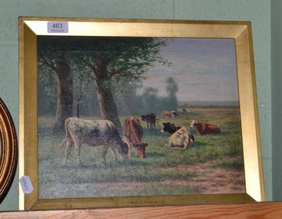 Lot 463 - William Frederick Hulk (1852-1922) Cattle at pasture, signed, oil on canvas, 29.5cm by 37cm