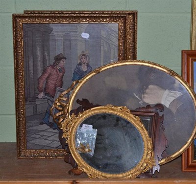 Lot 468 - A Georgian stye mahogany fret cut small mirror, a 19th century gilt metal oval mirror (a.f.), a...