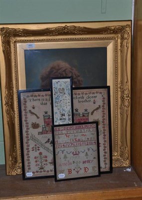 Lot 482 - An 1825 sampler by Ann Cooper, another 18th century sampler, a silk embroidered panel and an...