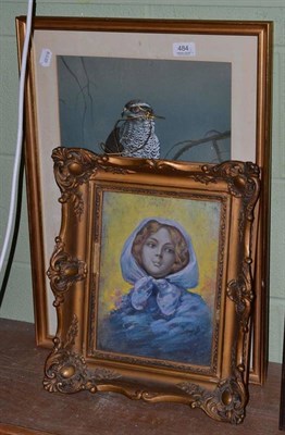 Lot 484 - C A Johnstone watercolour of a bird of prey and a pastel of a girl