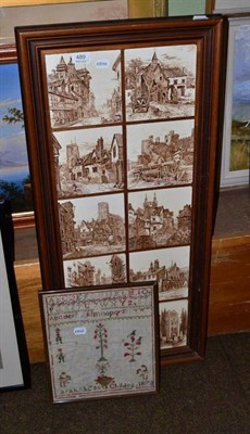 Lot 489 - Ten framed tiles decorated with landscapes and a small 19th century alphabet sampler