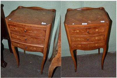 Lot 515 - Pair of French style marquetry decorated three drawer bedside chests