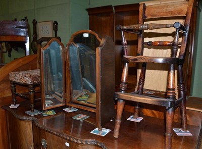 Lot 526 - Child's 19th century high chair, child's chair inscribed 'Lily' and a triptych toilet mirror (3)