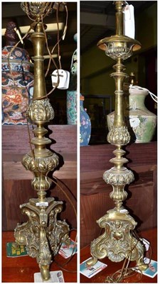 Lot 588 - A pair of 19th century brass table lamps (a.f.)