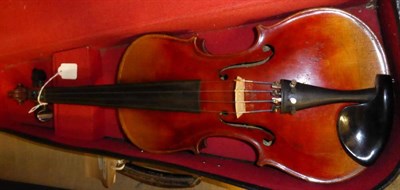 Lot 644 - A 19th century German violin, labelled and branded 'Vuillaume Paris', with a 355mm two piece...