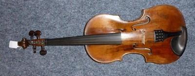 Lot 653 - A 19th century Tyrolean violin, unreadable label, with a 355mm one piece back, ebony tuning...