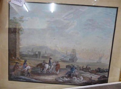 Lot 665 - Continental harbour scene, signed and dated 1811 and other pictures and prints