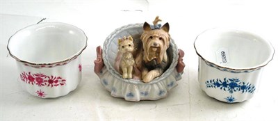 Lot 1 - A Lladro group of a basket of puppies #6469, boxed, and two Herrend First Edition Romani cache pots