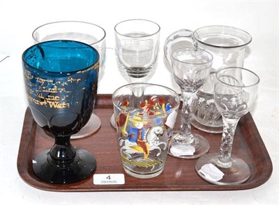 Lot 4 - An 18th century blue glass goblet 'May Peace and Plenty... A Present from Yarmouth to Margaret...