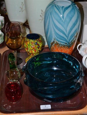 Lot 7 - A tray of coloured glass comprising a blue bowl, two vases, two drinking glasses, duck and a...