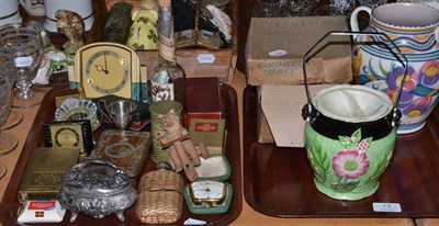 Lot 13 - Tray including small clocks, old toiletries, Poole vase and collectables (on two trays)