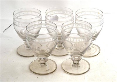 Lot 14 - A set of five early 19th century glass rummers, with a band of etched decoration, the initials 'MB'