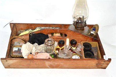 Lot 16 - Cutlery tray, two pocket watches, old film, oil lamp, pop alley bottle etc