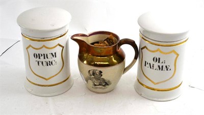 Lot 17 - A Queen Caroline ";Green Bag"; jug and a pair of chemist's rounds ";OL: PALMAE OPIUM TURC:"