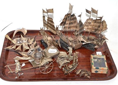 Lot 24 - A collection of white metal models of Chinese junks, cruet set etc
