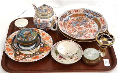 Lot 33 - A tray of 18th/19th century ceramics including tea bowl and saucer, Chinese export teapot, two...