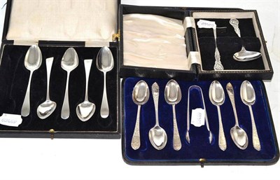 Lot 48 - A cased set of six silver teaspoons and sugar tongs, a cased spoon and pusher, five Georgian silver