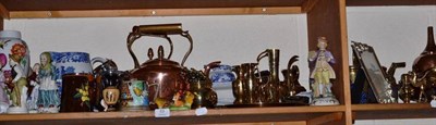 Lot 68 - Three copper kettles, brass watering can, quantity of metalwares, quantity of Spode Italian...