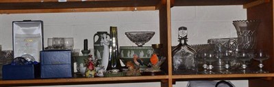 Lot 69 - Two shelves of decorative ceramics and glassware including Royal Crown Derby plate and dish,...