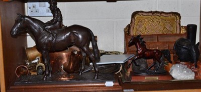Lot 77 - A bronzed figure of a racehorse with jockey up and a quantity of ornamental items including...