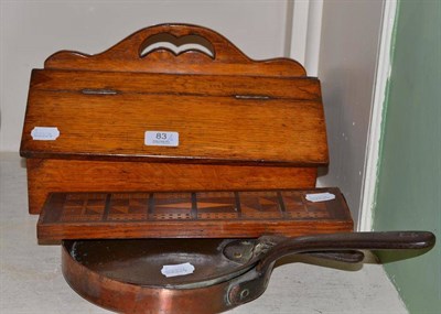 Lot 83 - A 19th century oak cutlery/housemaid's box, a brass saucepan and cover, a cribbage marker and three