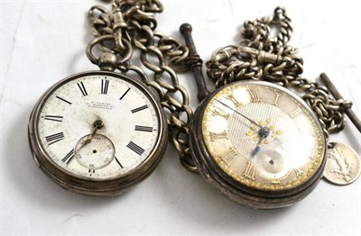 Lot 86 - Two silver cased pocket watches and chains
