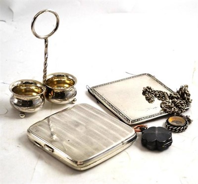 Lot 104 - A silver Albert chain, compass fob, cigarette case, a silver card folder/note holder, a clover...