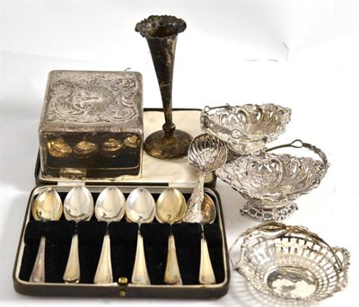 Lot 113 - Quantity of silver teaspoons, pair of silver baskets, silver jewellery case etc