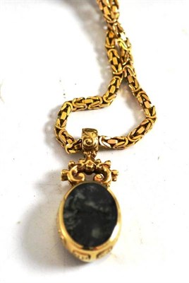 Lot 114 - 9ct gold byzantine link chain, bracelet and agate pendant, dated 1982 by David Scott Walker,...