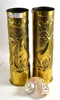 Lot 131 - A pair of World War I trench art shell vases and a trench art carved sea shell ";Kings Own...