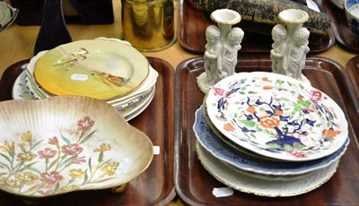 Lot 132 - Two trays of decorative ceramics, including a pair of Parian figural candlesticks, three cake...