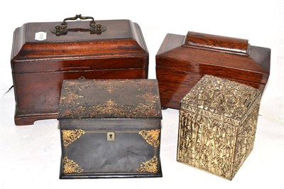 Lot 135 - A Georgian mahogany tea caddy; a Victorian rosewood sarcophagus tea caddy; a black lacquer tea...