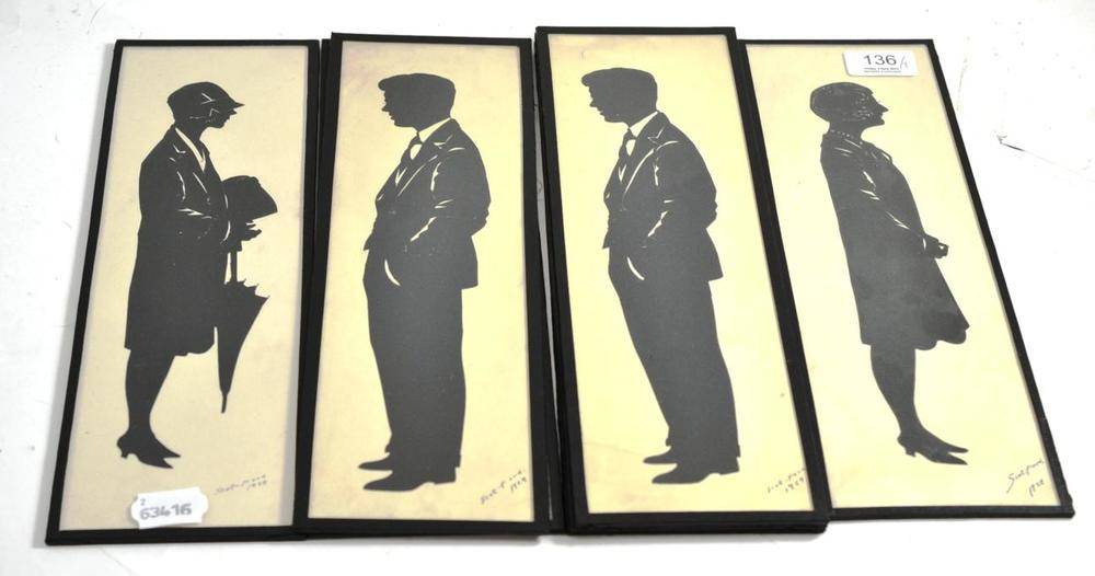 Lot 136 - A set of seven Art Deco silhouettes of well dressed men and women, each signed Scot Ford and...