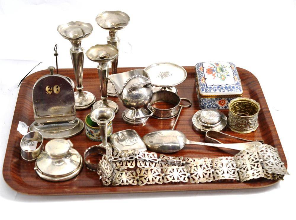 Lot 148 - A collection of silver and silver plate including vases, nurses belt, perpetual calendar,...
