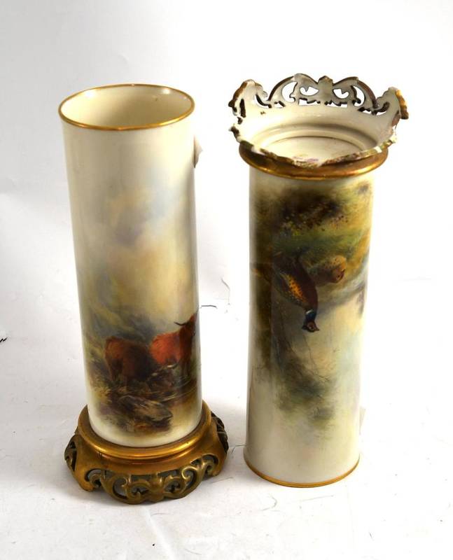 Lot 159 - Pair Royal Worcester vases decorated by James Stinton with highland cattle and pheasants (a.f.)