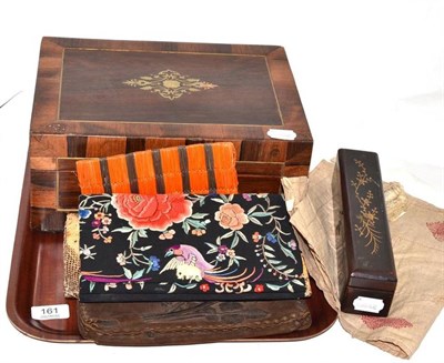 Lot 161 - A 19th century brass inlaid rosewood work box, a brown suede handbag and three clutch bags, a...