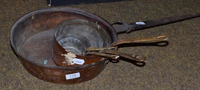 Lot 178 - Set of four graduated copper saucepans and a copper iron handled pan (a.f.), perhaps 18th century