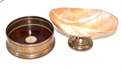 Lot 179 - Mother-of-pearl and silver pedestal sweetmeat dish and a silver bottle coaster (2)