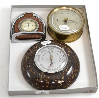 Lot 186 - Brass cased aneroid barometer/thermometer by J Cail Newcastle upon Tyne, aneroid barometer in a...