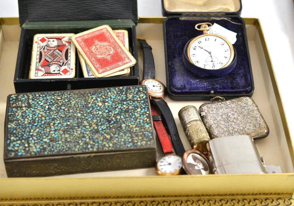 Lot 231 - A large silver vesta case, a gold plated pocket watch, travelling inkwell, propelling pencil,...