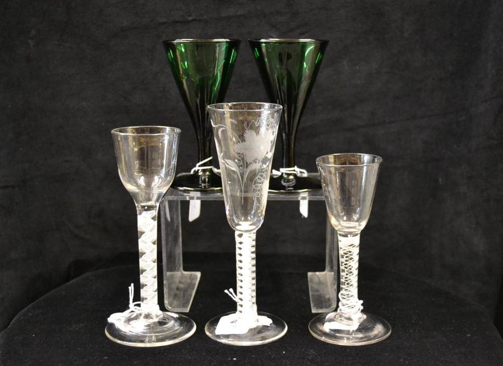 Lot 1 - A Wine Glass, circa 1750, the rounded funnel bowl on a composite twist stem, 14.5cm high; A Similar