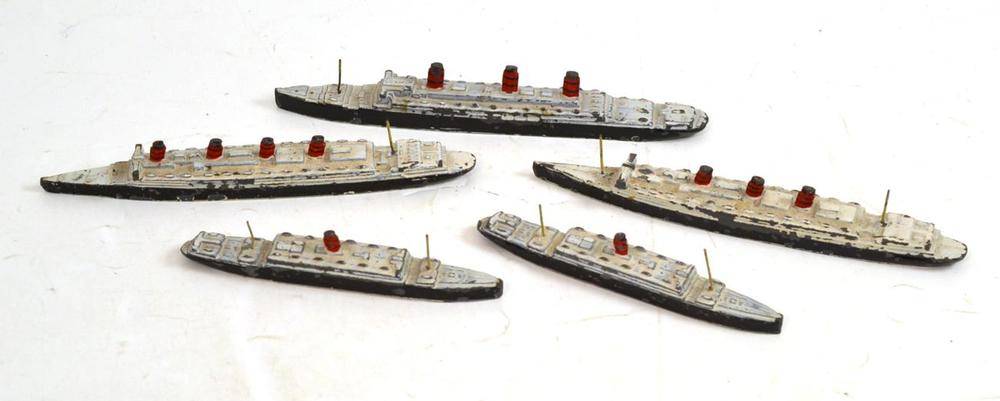 Lot 388 - A set of five Chad Valley Waterline ships, 'The Cunard Fleet - Fastest Ocean Service in the...